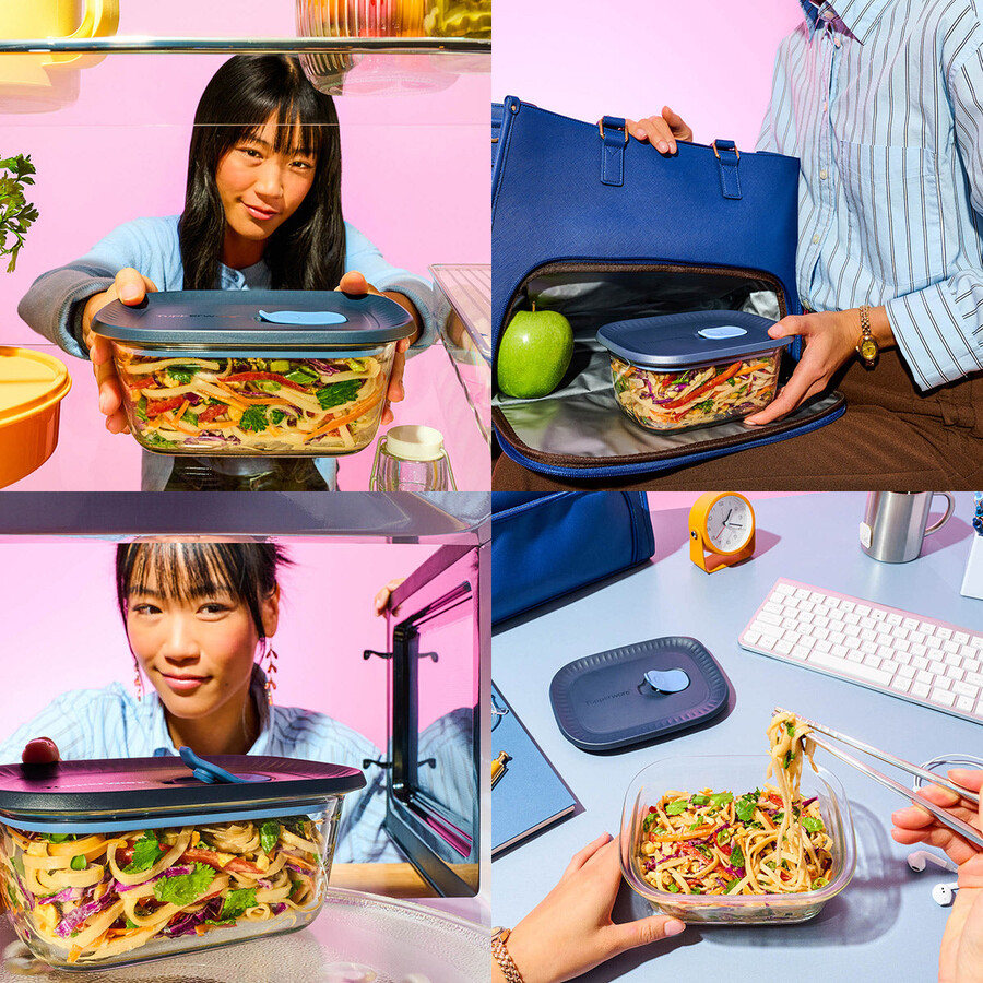 tupperware voila glas-vorratsdose rechteckig klein dunkelgrau und blau deckel